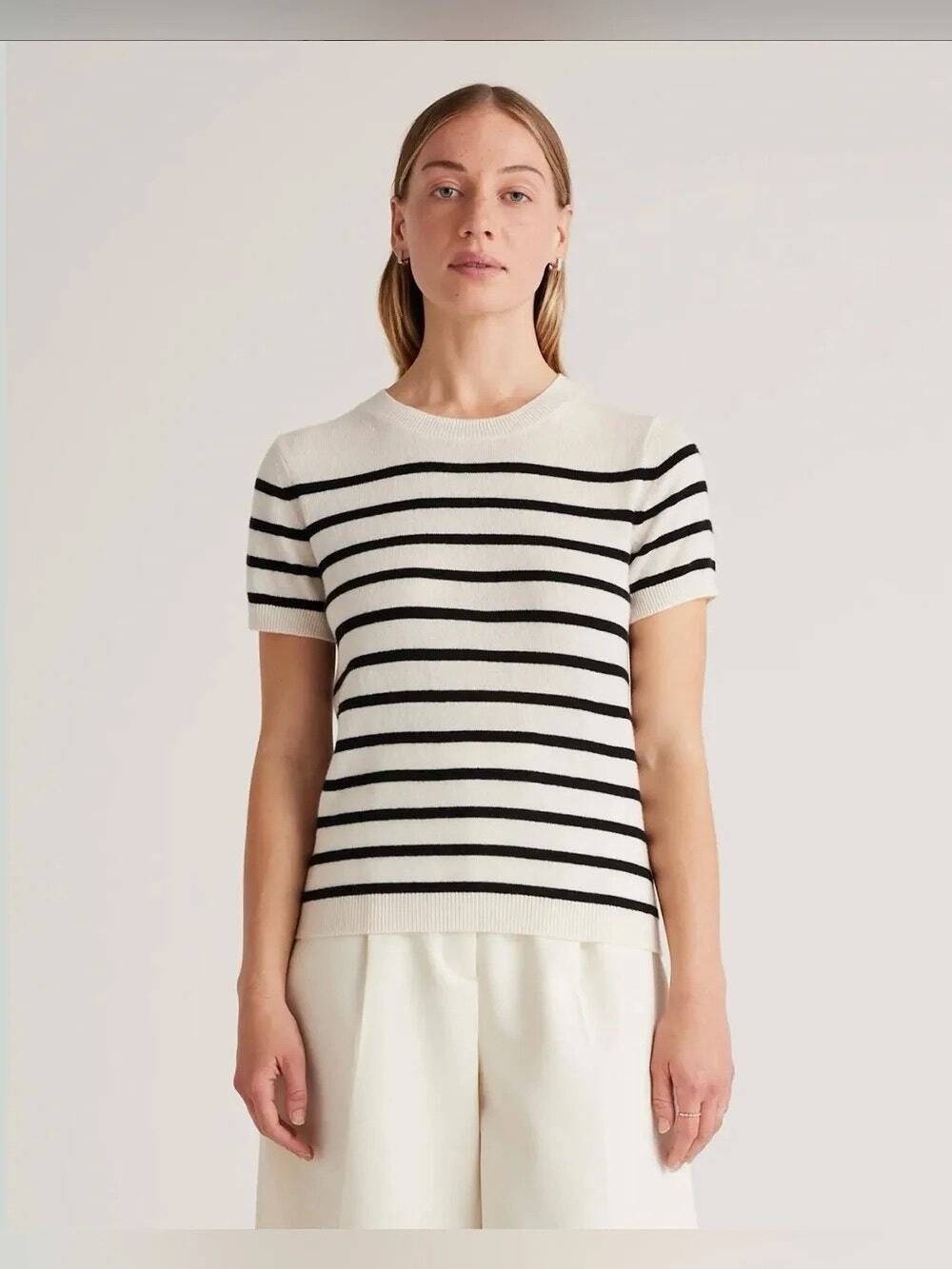 Quince Mongolian Cashmere Short Sleeve Knit Tee Striped Ivory/ Black M Preppy